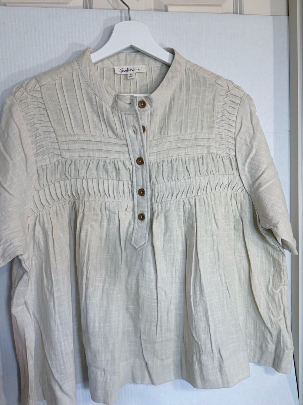 Solitaire Cream 100% Cotton Pintuck Henley Button Blouse